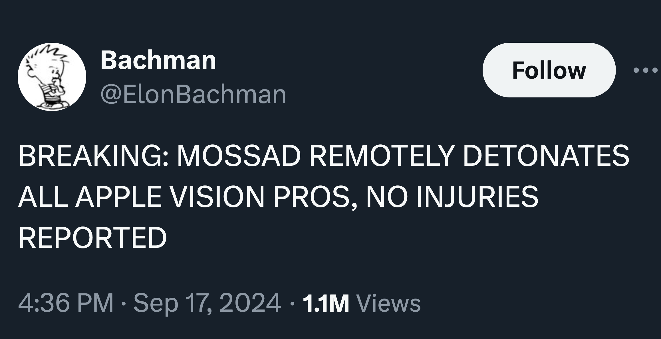 parallel - Bachman Breaking Mossad Remotely Detonates All Apple Vision Pros, No Injuries Reported 1.1M Views